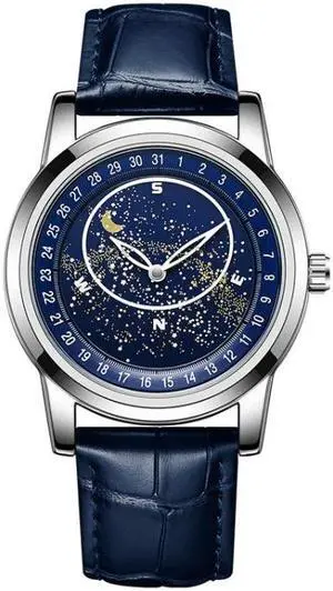 SANDA 7001 Leather Strap Luminous Waterproof Mechanical Watch (Silver Blue)