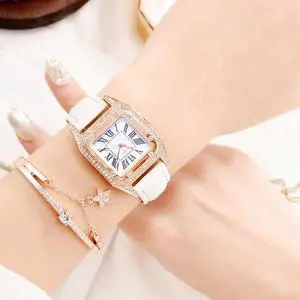 Women Tonneau Square Strap Quartz Watch, Color: White+Bracelet, Size:White+Bracelet