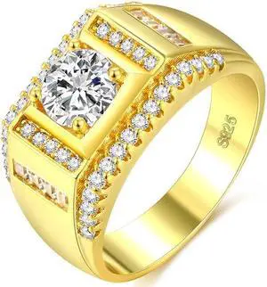 Fashion New Style Gold Plated + AAA Zircon Inlaid Rhinestone Men Diamond Ring, Size: 10, Diameter: 19.8mm, Perimeter: 62.1mm