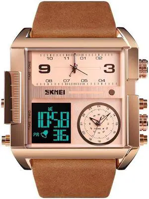 SKMEI 1391 Multifunctional Men Business Digital Watch 30m Waterproof Square Dial Wrist Watch with Leather Watchband (Brown)