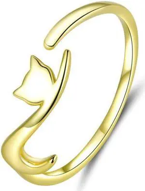 Naughty Cat Sterling Silver Ring Fashion Open Ring SCR220 (Gold)