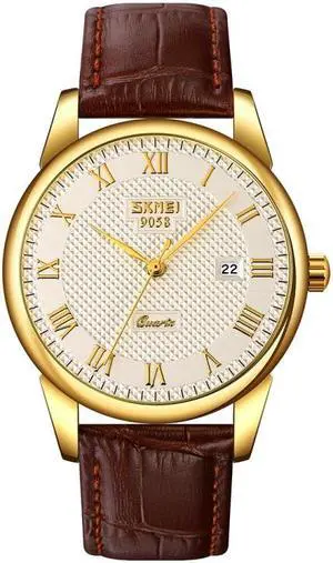 SKMEI 9058 Multifunctional Outdoor Fashion Waterproof Gold Shell Quartz Wrist Watch (Men Style Silver Face Brown Strap)