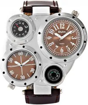 Oulm 9415 Double Time Zone Men Belt Watch Big Dial Compass Quartz Watch 9415 Coffee (Coffee)