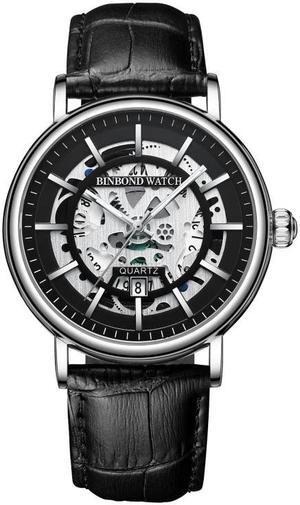 BINBOND B7872 Multifunctional Hollow Luminous Waterproof Quartz Watch, Color: Black Leather-White-Black, Size:Black Leather-White-Black