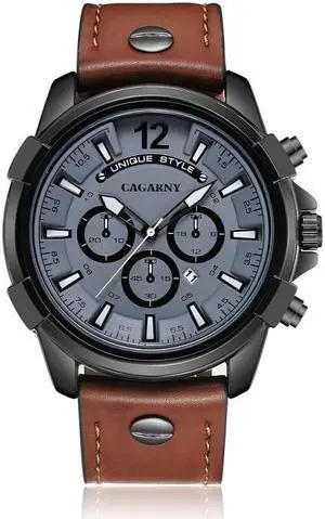 CAGARNY 6882 Fashion Waterproof Polychromatic Metal Shell Quartz Watch with Leather Wristband (Brown Black) Style 1
