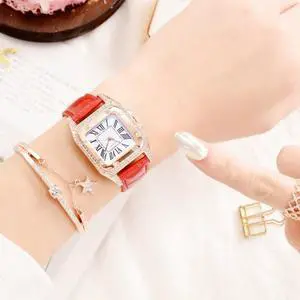 Women Tonneau Square Strap Quartz Watch, Color: Red+Bracelet, Size:Red+Bracelet