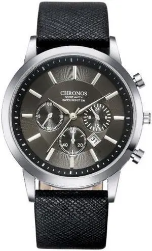 CHRONOS CH0401 Three-eye Six-needle Leather Belt Sports Watch for Men (Black)