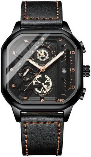 BINBOND B6577 30M Waterproof Luminous Square Quartz Watch, Color: Black Leather-Black-Rose Gold Black Leather-Black-Rose Gold