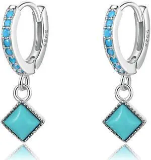S925 Sterling Silver Rhombus Turquoise Women Earrings Rhombus Turquoise