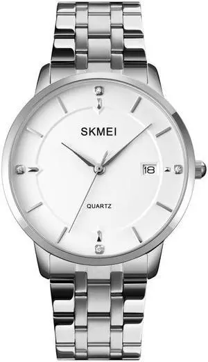SKMEI 1801 Men Casual Calendar Quartz Watch(Gold and White) (Silver Steel Belt)
