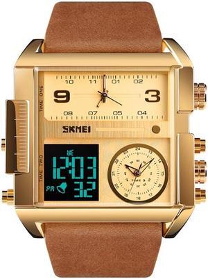 SKMEI 1391 Multifunctional Men Business Digital Watch 30m Waterproof Square Dial Wrist Watch with Leather Watchband (Gold)