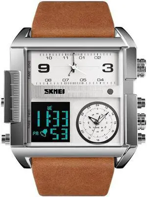 SKMEI 1391 Multifunctional Men Business Digital Watch 30m Waterproof Square Dial Wrist Watch with Leather Watchband (Silver)
