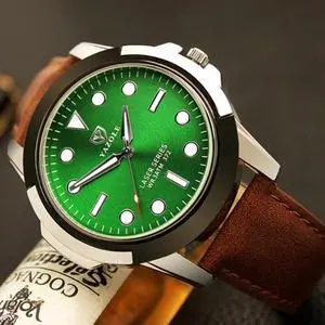 YAZOLE 372 Men Sports Watch Luminous Simple Quartz Watch (Green Tray Brown Belt)