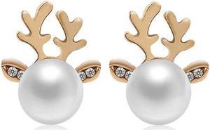 2 Pairs Micro-set Pearl Antler Earrings Deer Head  Earrings Elk Ear Studs (Gold)