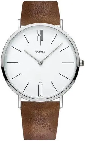 YAZOLE 506 Simple Large Scale Dial Men Business Quartz Watch (Silver Shell White Tray Brown Belt)