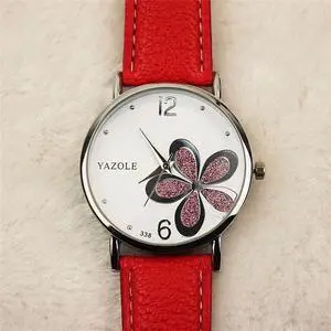 YAZOLE Ladies OL Style Four-leaf Clover Pattern Quartz Watch (338 white plate purple flower red belt) Purple