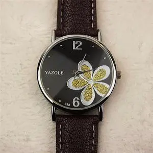 YAZOLE Ladies OL Style Four-leaf Clover Pattern Quartz Watch (338 black plate gold flower brown belt) Brown