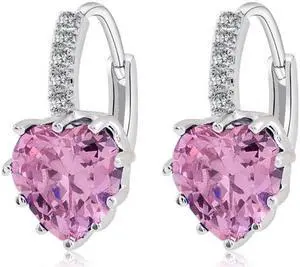 Cute Heart Real 925 Sterling Silver Cubic Zirconia Stone Earrings Platinum with Pink Zirconia