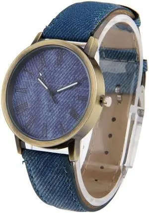 Denim Texture Style Round Dial Retro Digital Display Women & Men Quartz Watch with PU Leather Band (Blue)
