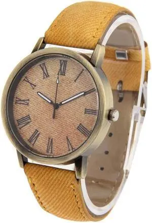 Denim Texture Style Round Dial Retro Digital Display Women & Men Quartz Watch with PU Leather Band (Yellow)