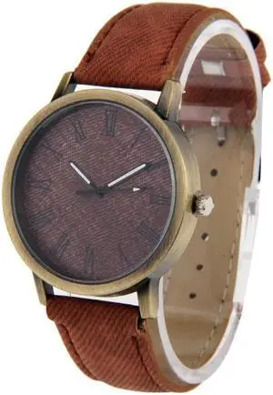 Denim Texture Style Round Dial Retro Digital Display Women & Men Quartz Watch with PU Leather Band (Brown)