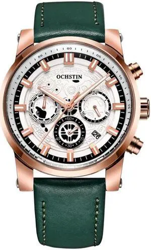 Ochstin 5111B Multifunctional Business Waterproof Luminous Leather Strap Quartz Watch (Rose Gold+Green)