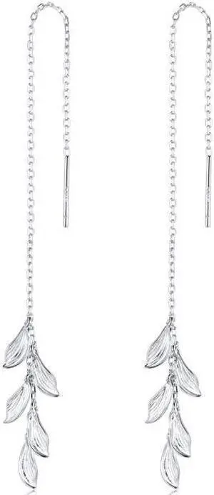 S925 Sterling Silver Simple Style Long Leaves Women Earrings, Size:Long Leaves