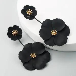 1 Pair Boho Style Earrings Alloy Flower Long Earrings (Black)
