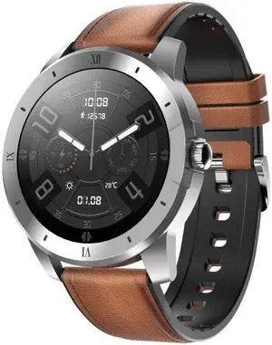 MX12 1.3 inch IPS Color Screen IP68 Waterproof Smart Watch, Support Bluetooth Call / Sleep Monitoring / Heart Rate Monitoring, Style: Leather Strap (Silver Brown)