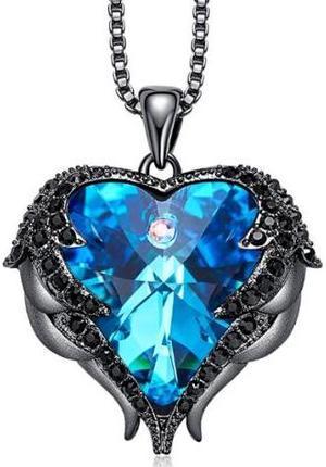 Women Fashion Angel Wings Crystals Heart Necklaces Black Gold and Blue