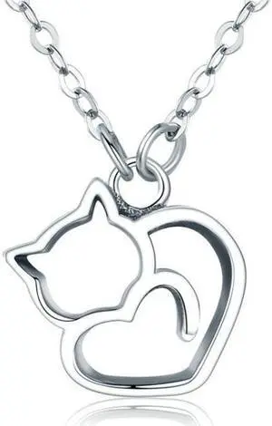 Cute Cat S925 Sterling Silver Lady Necklace With Zircon Inlaid Plain Silver Necklace SCN188