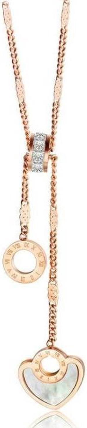 OPK 1477 Titanium Steel Necklace Heart Shaped White Shell Circle Diamond Clavicle Chain 1477 (Rose Gold)