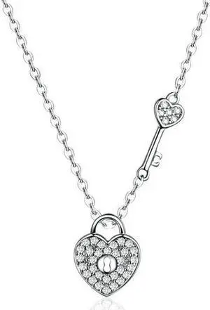 S925 Sterling Silver Platinum Plated Heart Lock Necklace Girls White Inlaid Zircon Key Jewelry SCN315