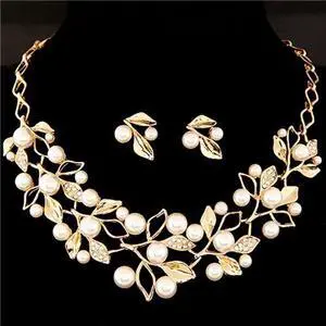 Leaf Crystal Simulated Pearl Wedding Jewelry Necklaces Earrings Sets (Gold)