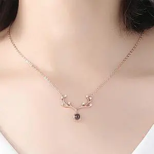 Women Fashion S925 Sterling Silver 100 Languages I Love You Memory Stone Pendant Necklace (Rose Gold)