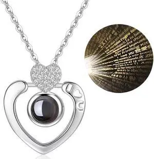 100 Language I Love You Projective Girl Two Heart Pendant Necklace Jewelry (Silver)