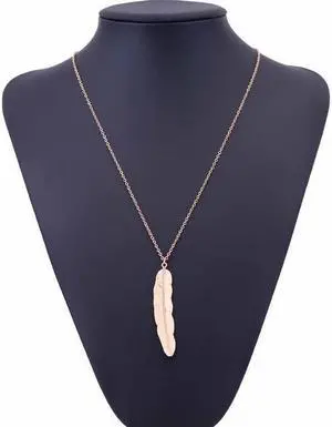 Vintage Long Necklace Jewelry Simple Feather Pendant Necklaces (Gold)