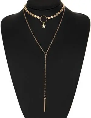 Simple Sexy Handmade Sequins Star Tassels Circle Clavicle Chain Long Pendant Double-layer Chain (Gold)