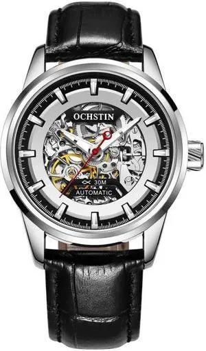 Ochstin 2002C Men  Automatic Hollow Leather Mechanical Watch Business Waterproof Night Light Men Watch Mechanical Watch(Black) (Silvery)