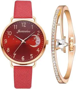 Ladies Moon Pattern Dial PU Strap Quartz Watch, Color: Red+Bracelet, Size:Red+Bracelet
