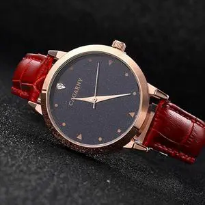 CAGARNY 6875 Round Dial Water Resistant Starry Sky Pattern Fashion Women Quartz Wrist Watch with Leather Band (Red)