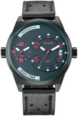 CAGARNY 6816 Living Waterproof Round Dial Dual Quartz Movement Alloy Case Fashion Watch Quartz Watches with Leather Band (Red)