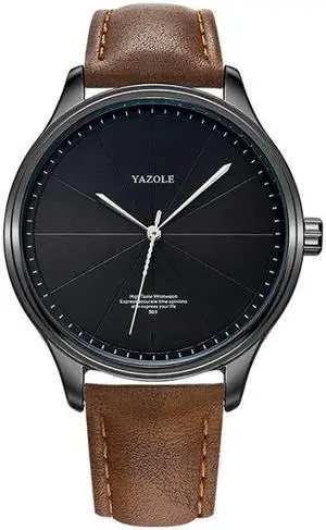 YAZOLE 503 Simple Line Pattern Dial Men Quartz Watch (Black Shell Black Tray Brown Belt)