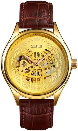 SKMEI 9209 Men Business Automatic Mechanical Watch Round Hollow Dial Leather Watchband Watch (Golden Gold)