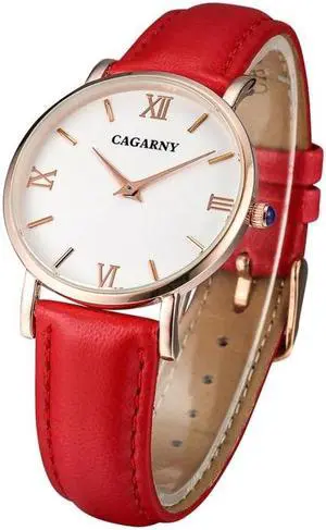 CAGARNY 6813 Concise Style Ultra Thin Rose Gold Case Quartz Wrist Watch with Leather Band for Women (Red)