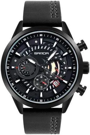 SANDA 5010P Six-Pin Cool Big Dial Waterproof Three-Eye Men Watch Leather Strap Fashion Trend Men Watch(Orange) (Black)