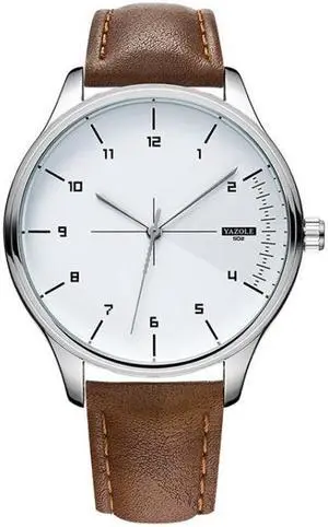 YAZOLE 502 Arabic Numerals Men Business Watch Fashion Quartz Watch (Silver Shell White Tray Brown Belt)