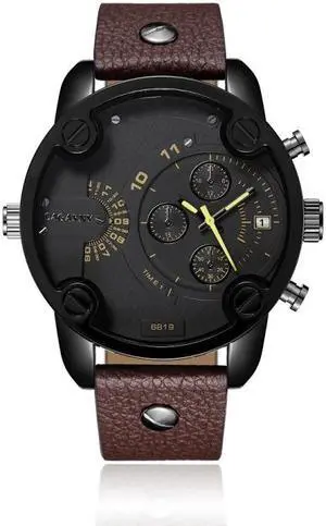 CAGARNY 6819 Multifunctional Dual Time Zone Quartz Business Sport Watch for Men (Black Shell Black Surface Brown Leather)