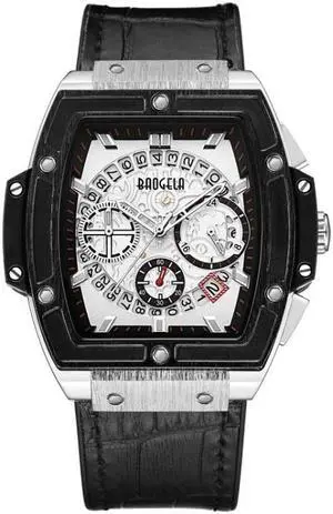 BAOGELA 1703 Wine Barrel Type Multifunctional Mens Sports Quartz Watch ( Steel Shell White Face)
