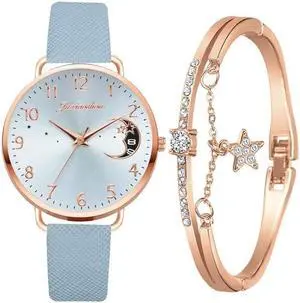 Ladies Moon Pattern Dial PU Strap Quartz Watch, Color: Tianlan+Bracelet Tianlan+Bracelet